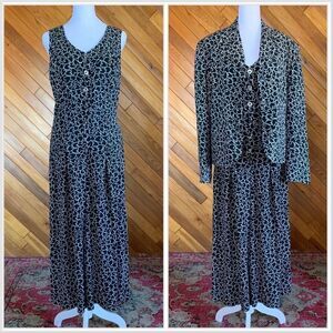 Vintage 80s/90s Silk Black and White Floral Blazer and Jumpsuit Two Piece Set